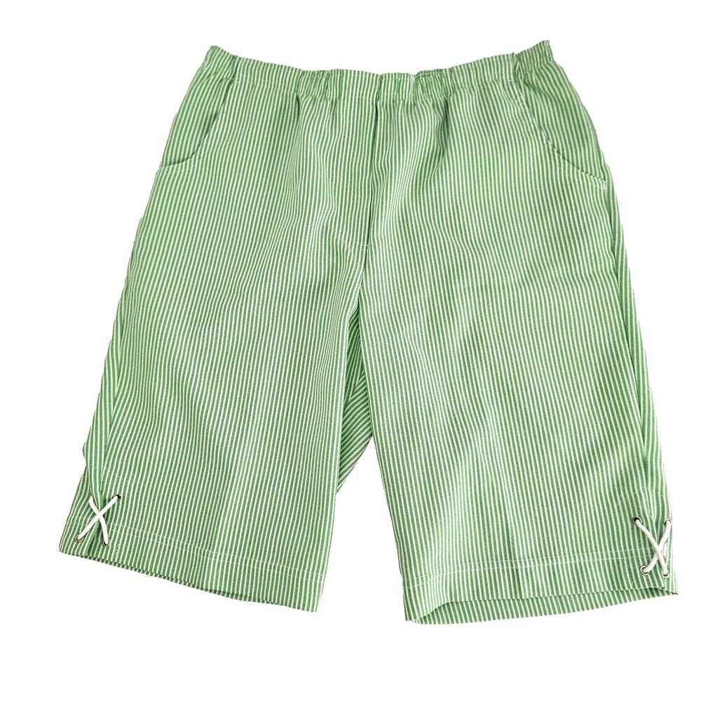 Nikki Shorts Womens 12 Green White Striped Pull-On Elastic Waist Pockets